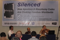 Lecturing in Jakarta on blasphemy. The great Muslim scholar and reformer Syafi Maarif is at Center, and Endy Bayumi, Editor of the Jakarta Post is at left